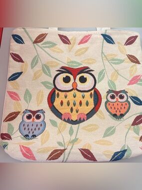 Whimsical Owl Tote Bag in Cream with Multicolor Accents
